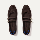 The Double Buckle Mary Jane in Chocolate Mesh shown from the top.