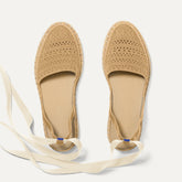 Overlay:: Removable ankle straps! | Alt:: The D'Orsay Espadrille in Camel Crochet shown from the top.