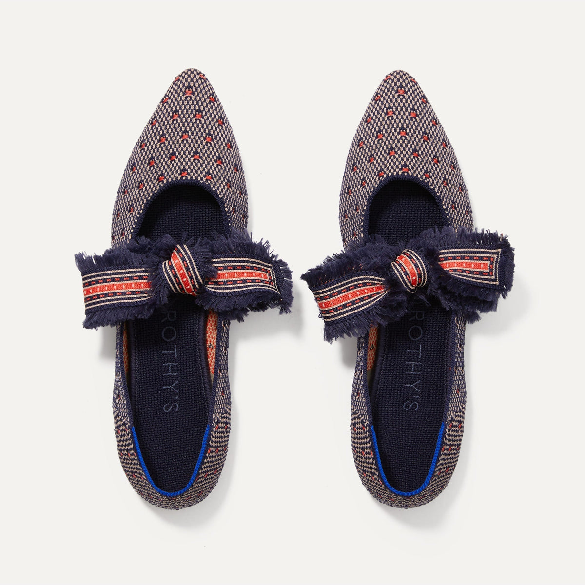 The Mary Jane in Coral Dot shown from the top, with straps tied in a bow.