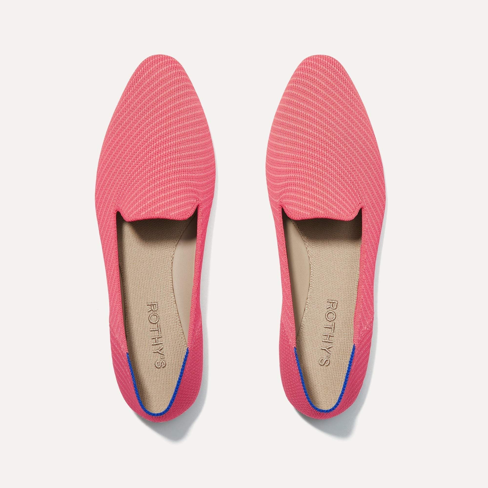 The Almond Loafer in Ruby Grapefruit shown from the top. 
