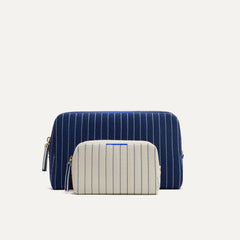 PLP |The Universal Pouch Set in Luxe Blue Pinstripe shown from the front.