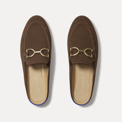 The Double Bit Loafer Mule in Cinnamon Raffia-Knit shown from the top. 