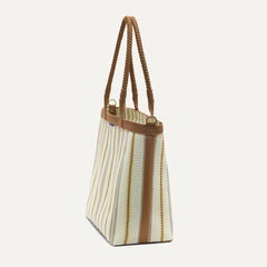The Lightweight Zip Tote in Sunbeam Market Stripe, shown from the side.