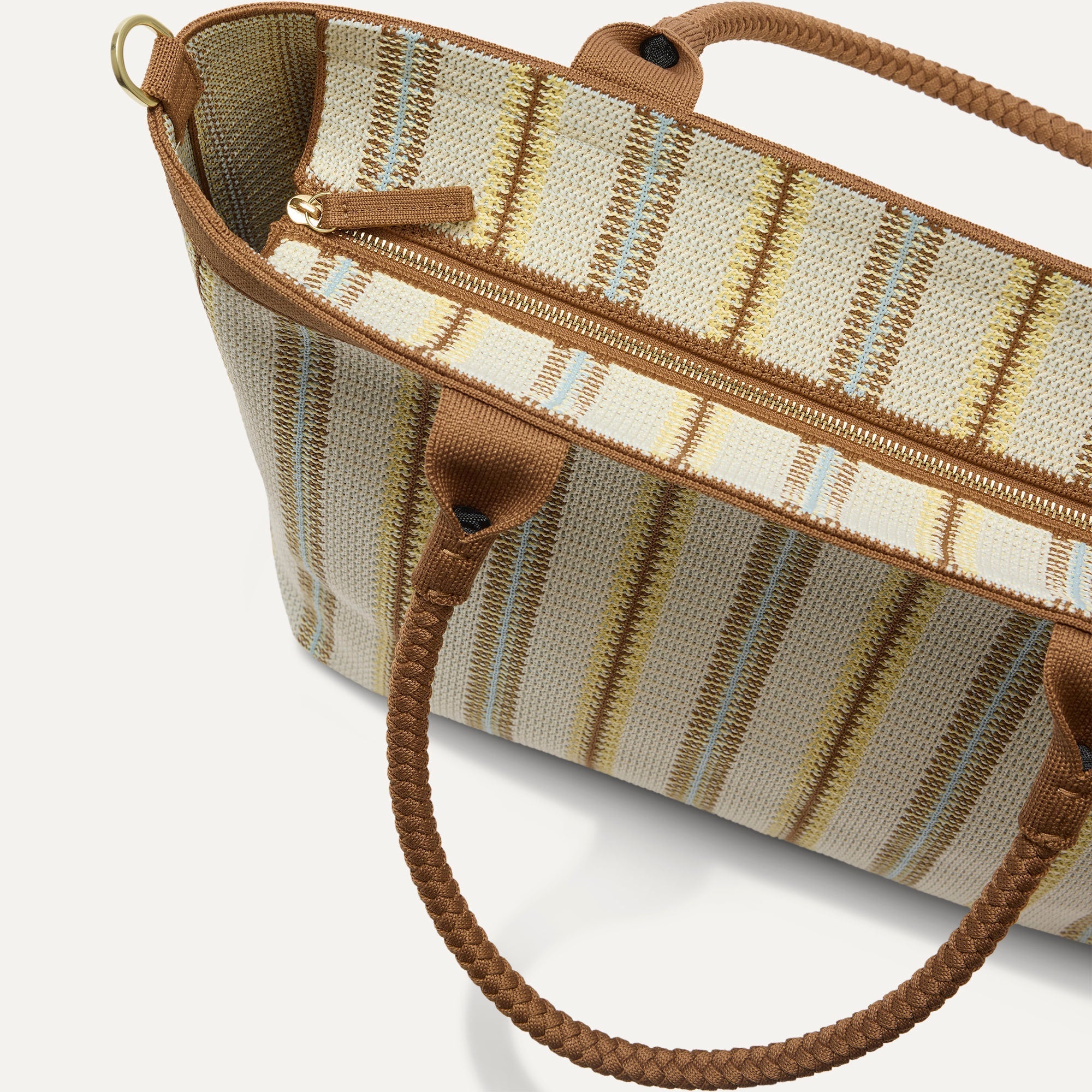 The Lightweight Zip Tote in Sunbeam Market Stripe, focusing on the zip closure and handles.
