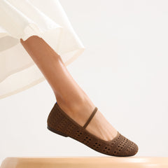 hover | Model wearing The Max Square Mary Jane in Cinnamon Crochet.