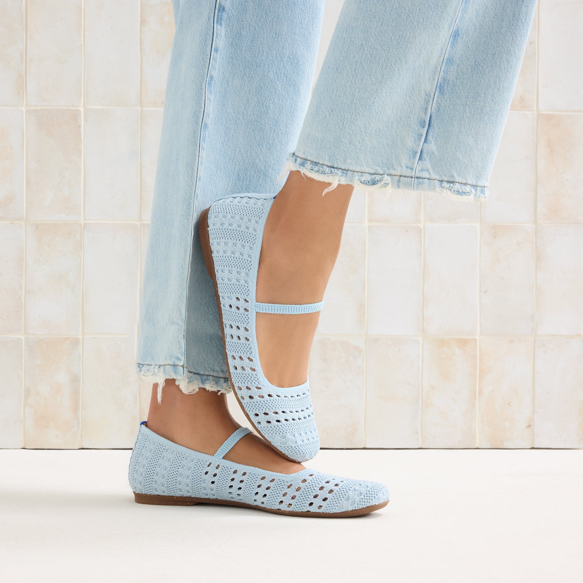 hover | Model wearing The Max Square Mary Jane in Powder Blue Crochet.