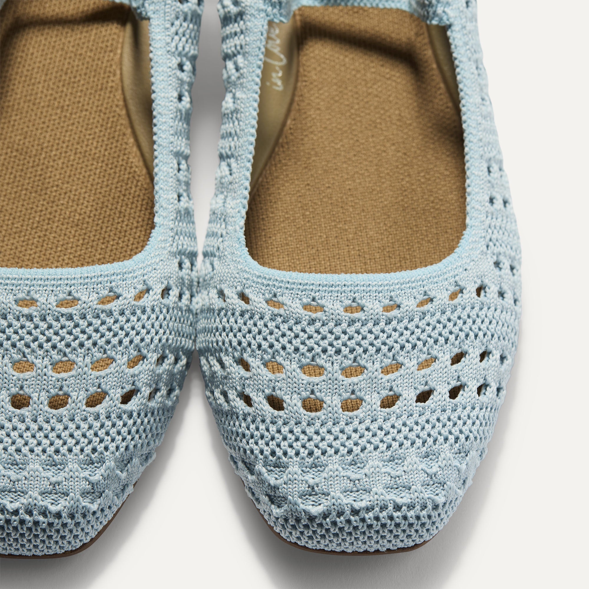 Top view of the square toe and rounded vamp of The Max Square Mary Jane in Powder Blue Crochet.
