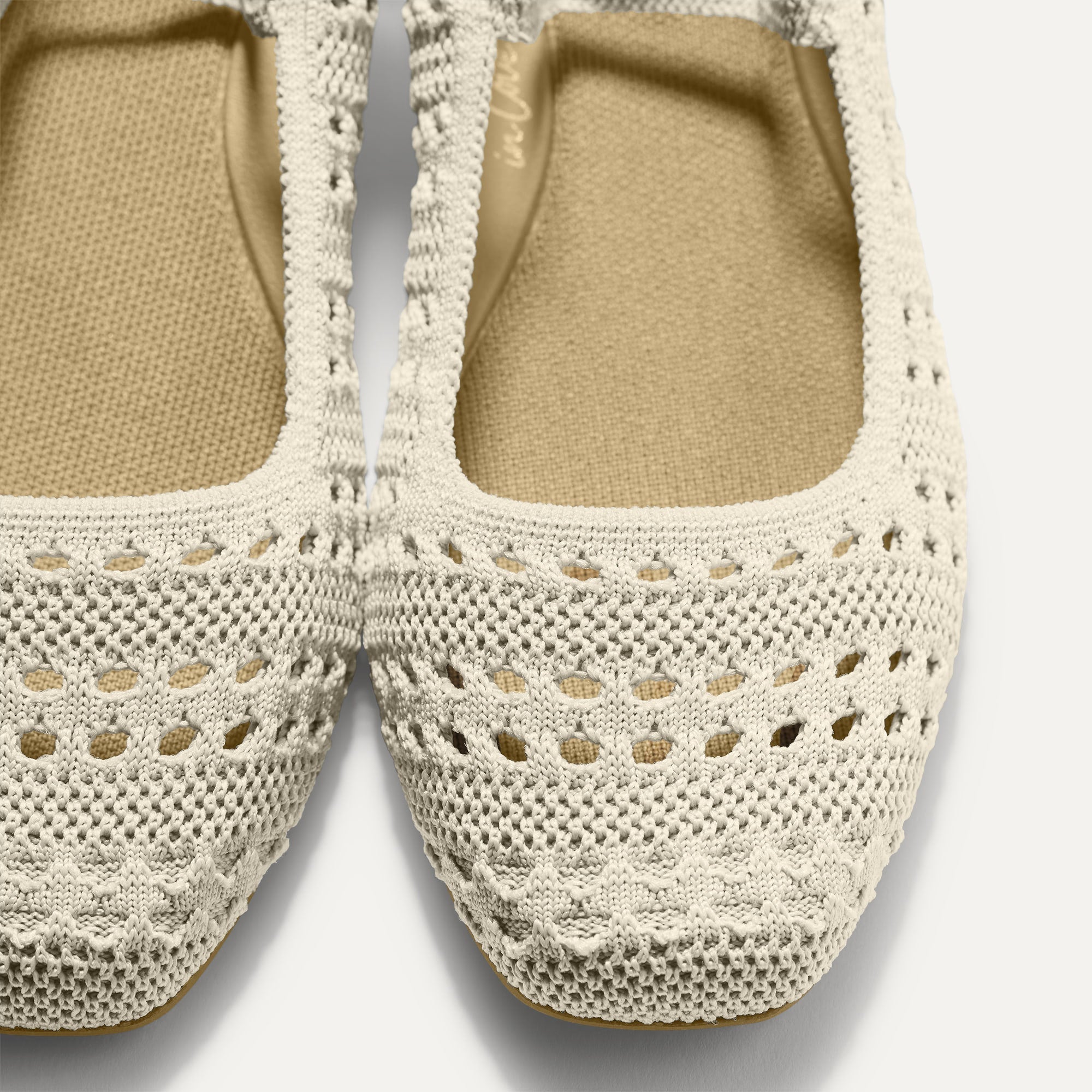 Top view of the square toe and rounded vamp of The Max Square Mary Jane in Sandy Crochet.