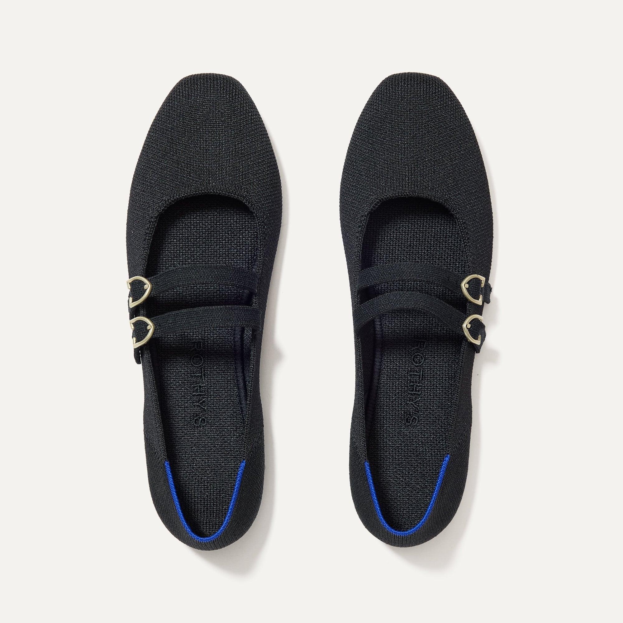 The Double Buckle Mary Jane in Black shown from the top.