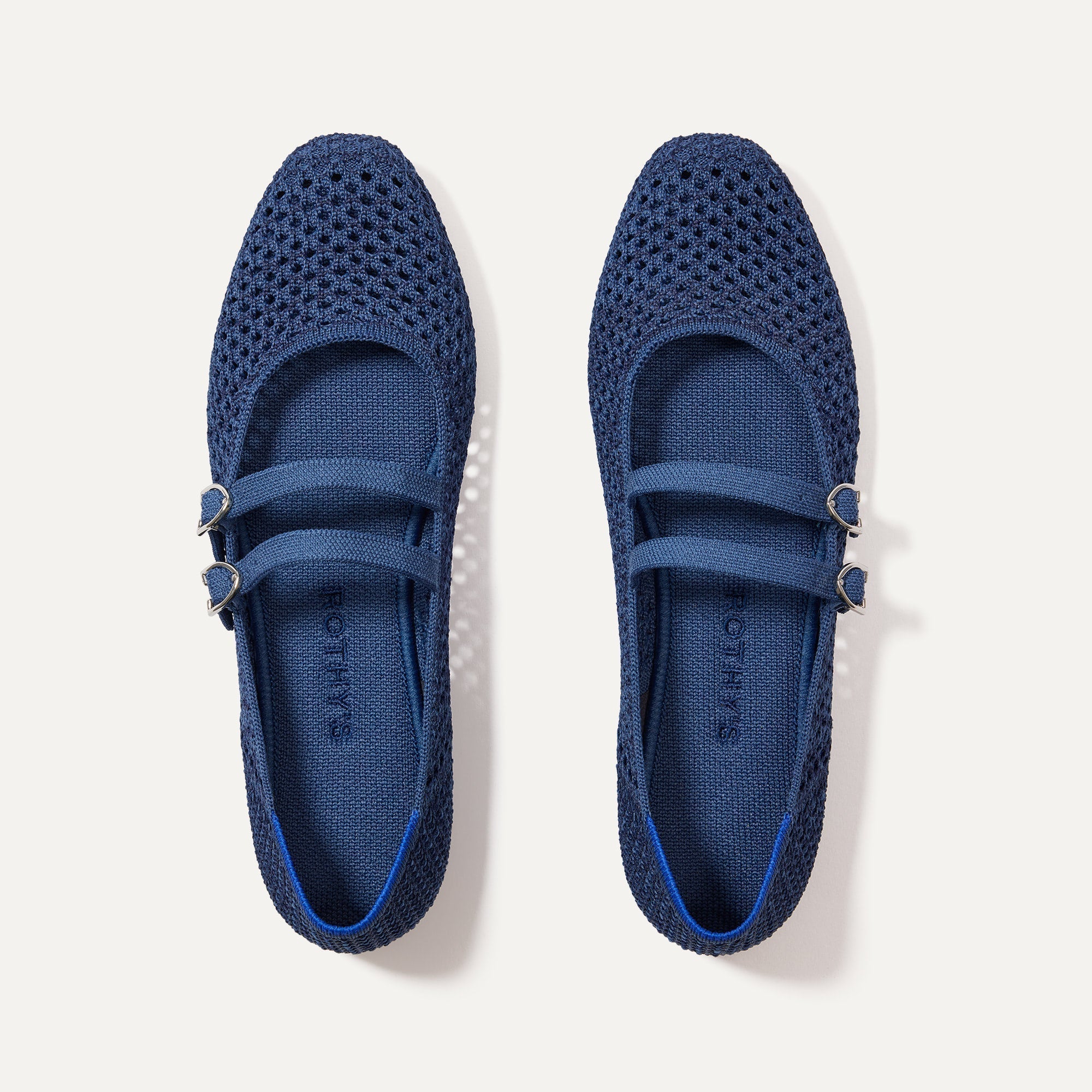 The Double Buckle Mary Jane in Blue Mesh shown from the top.