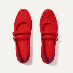 The Double Buckle Mary Jane in Bright Red Mesh shown from the top.