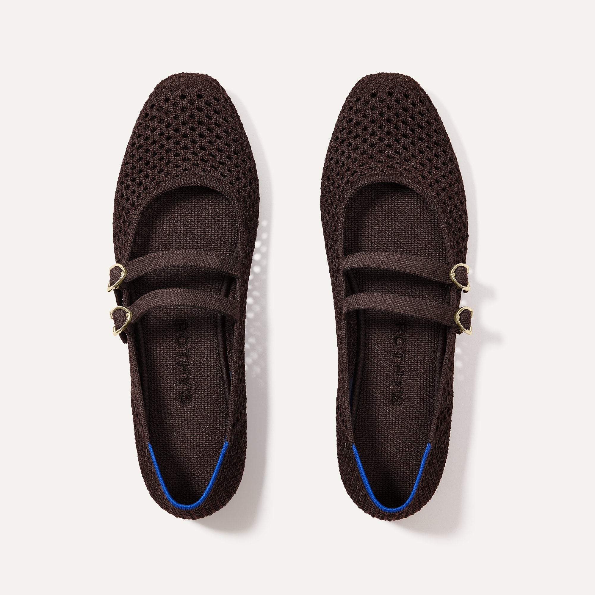 The Double Buckle Mary Jane in Chocolate Mesh shown from the top.
