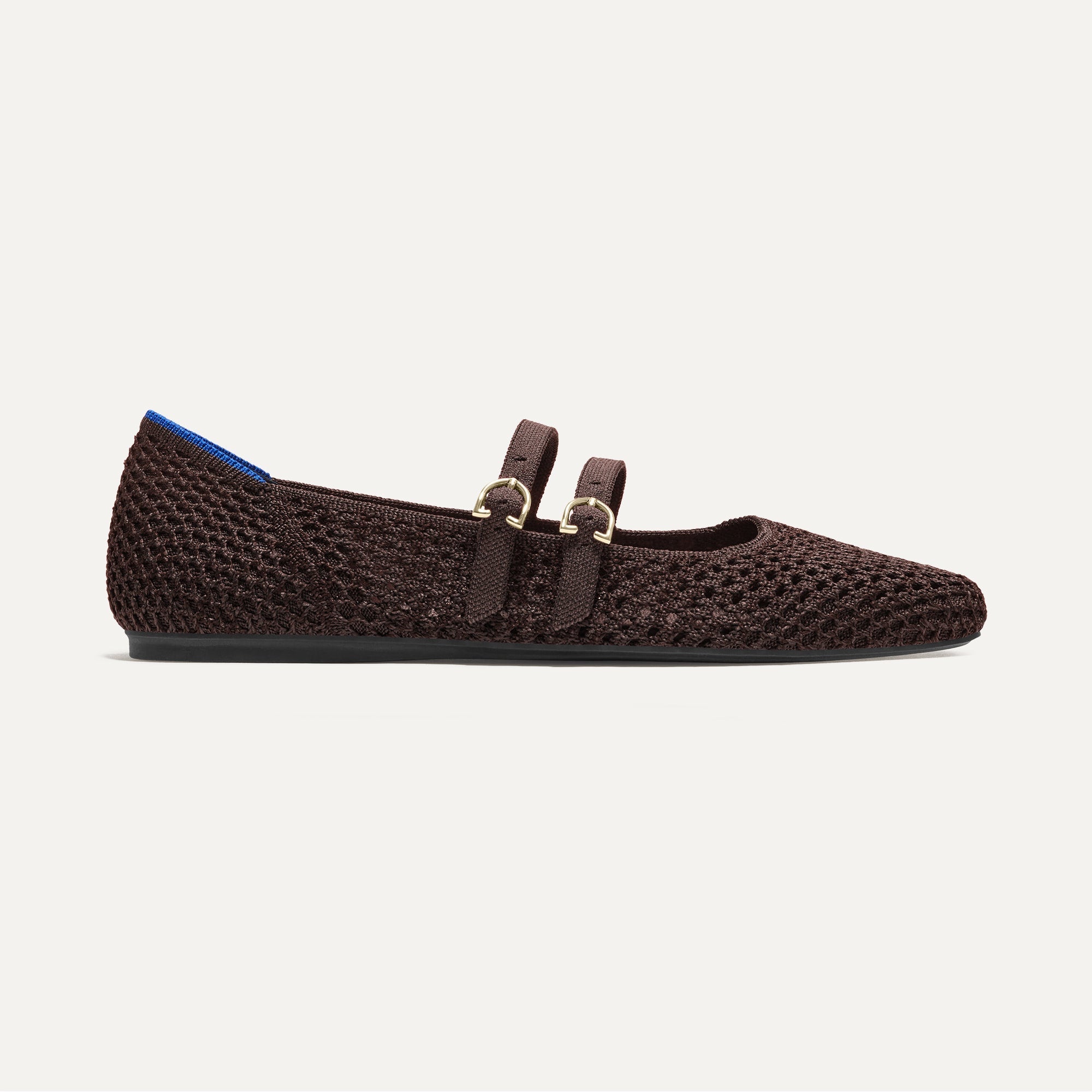 side | The Double Buckle Mary Jane in Chocolate Mesh shown from the side.