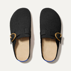 The Buckle Clog in Soft Black Bouclé shown from the top. 