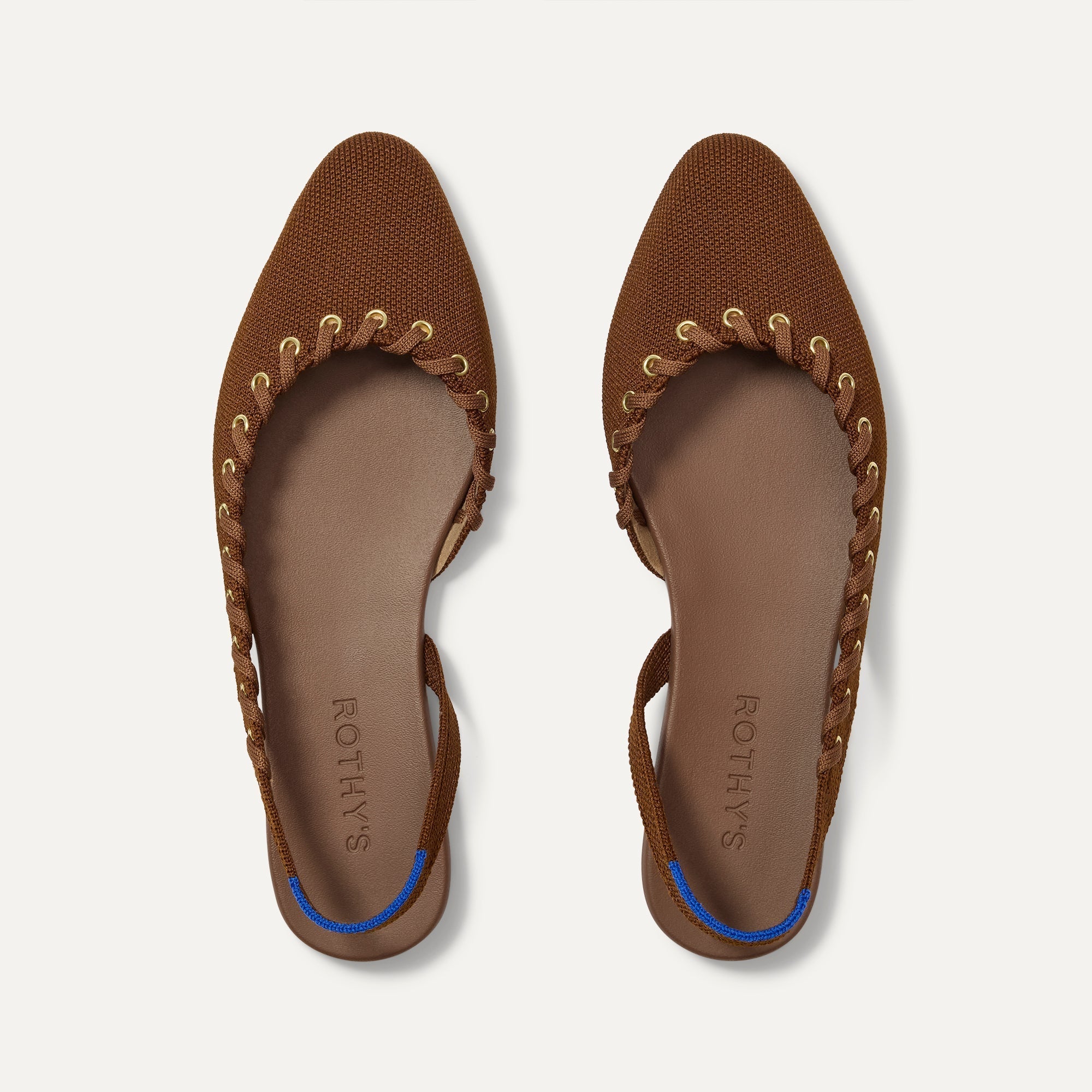 The Almond Slingback in Eyelet Russet shown from the top.