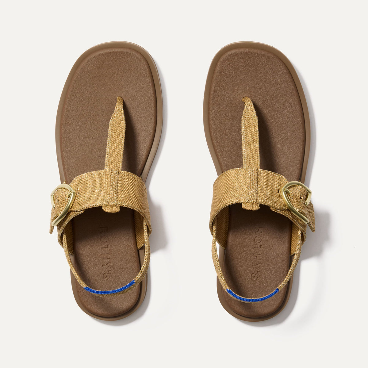 The T-Strap Sandal in Metallic Golden Sun shown from the top.