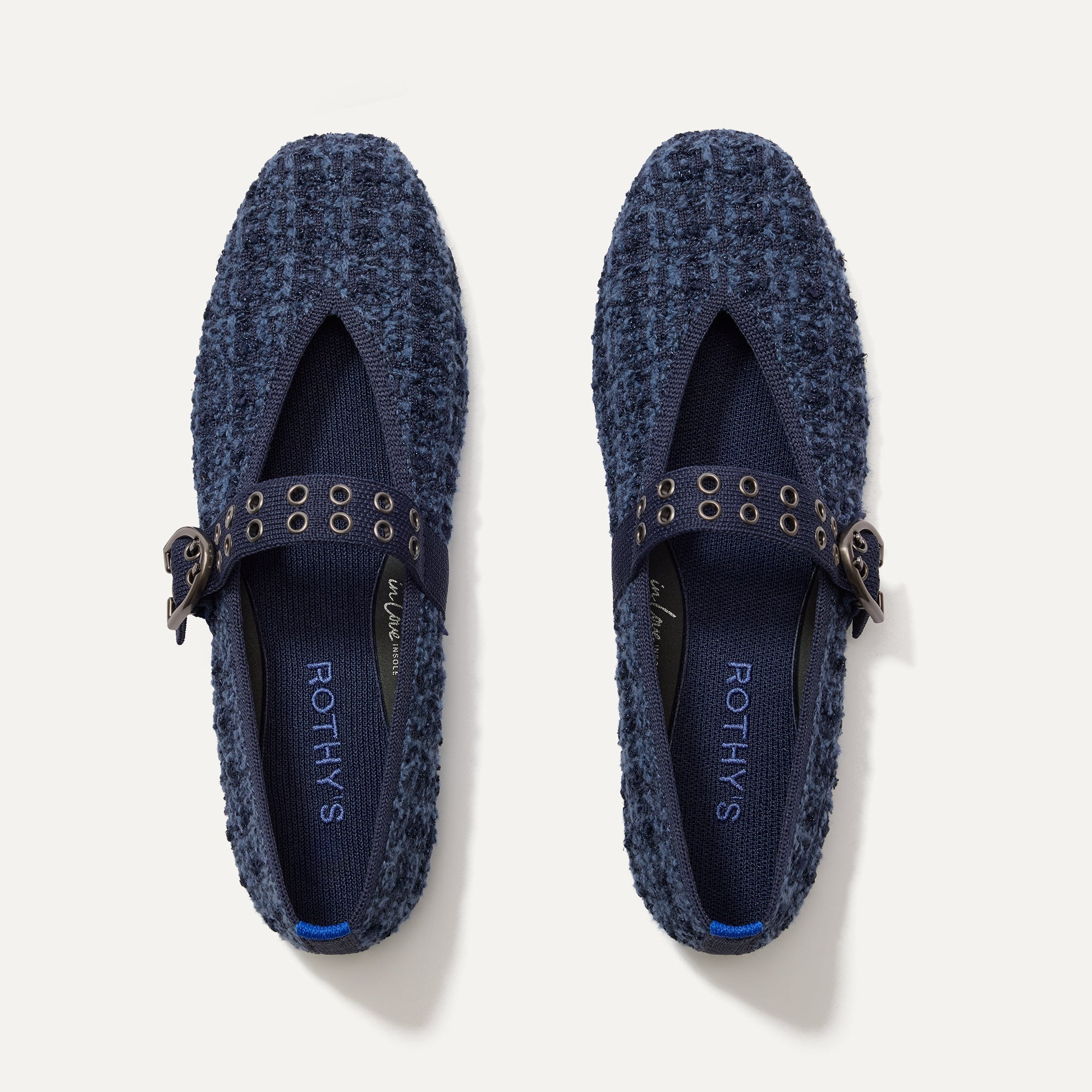 The Max Buckle Mary Jane in Blue Tweed shown from the top.