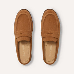 The Penny Loafer Mule in ReVelvet Caramel shown from the top.