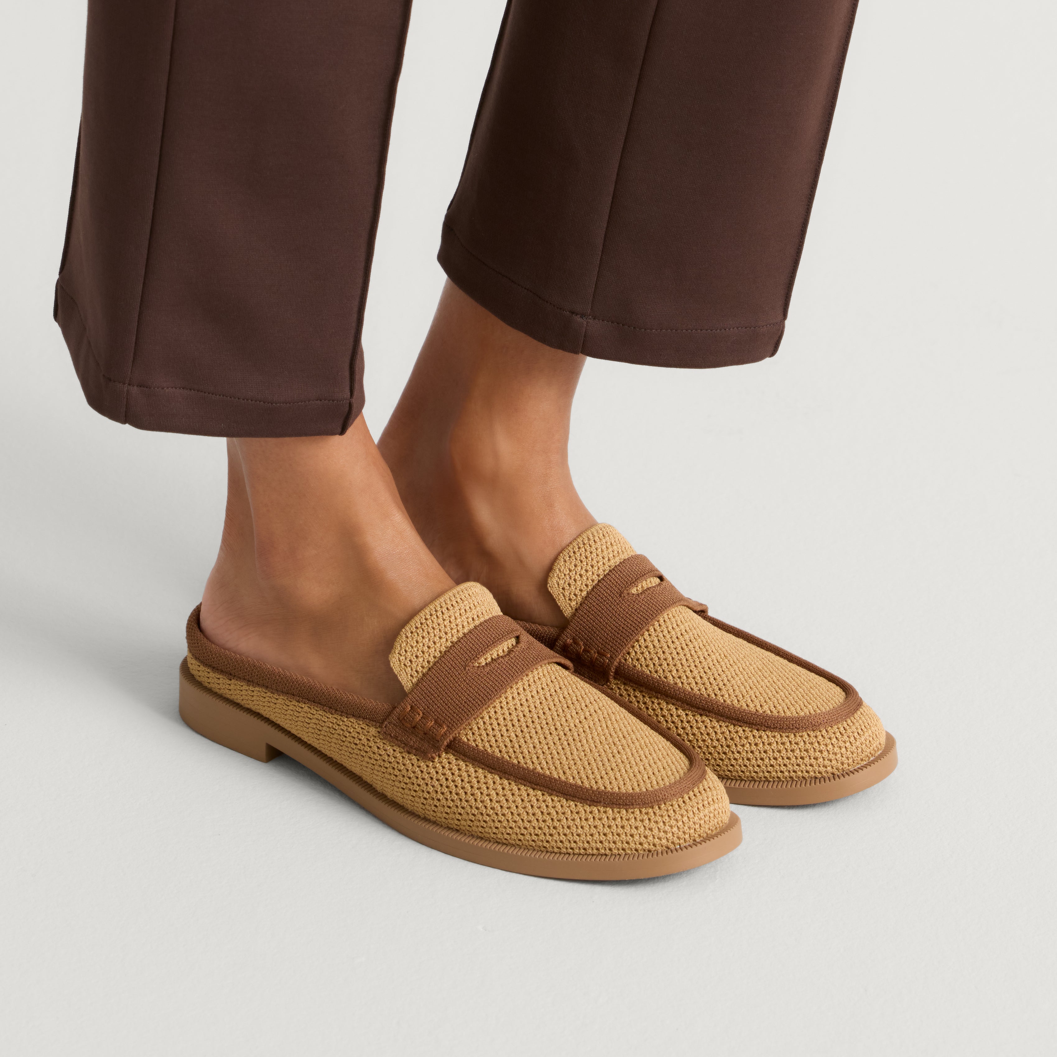 hover | Model wearing The Penny Loafer Mule in Wheat Raffia-Knit.
