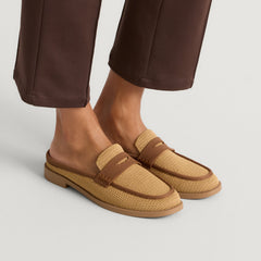 hover | Model wearing The Penny Loafer Mule in Wheat Raffia-Knit.