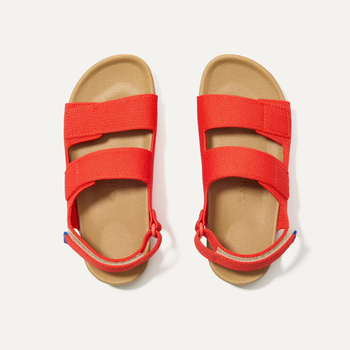 The Kids Double Strap Sandal in Firetruck Red shown from the top.