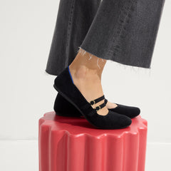 hover | Model wearing The Double Buckle Mary Jane in ReVelvet™ Black.