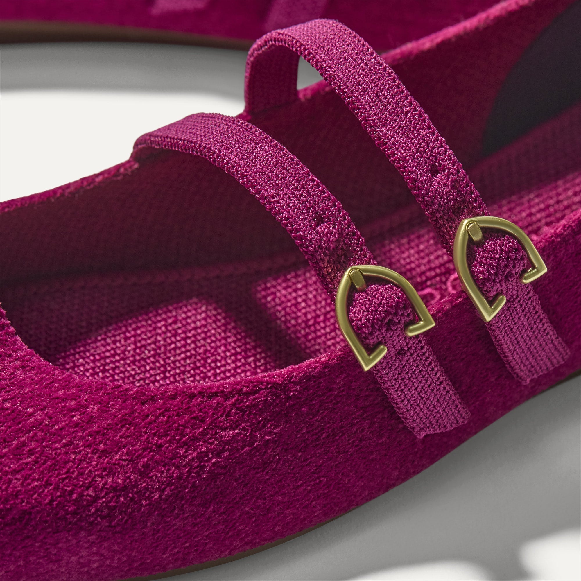 Close up of the buckle details of The Double Buckle Mary Jane in ReVelvet Mulberry.