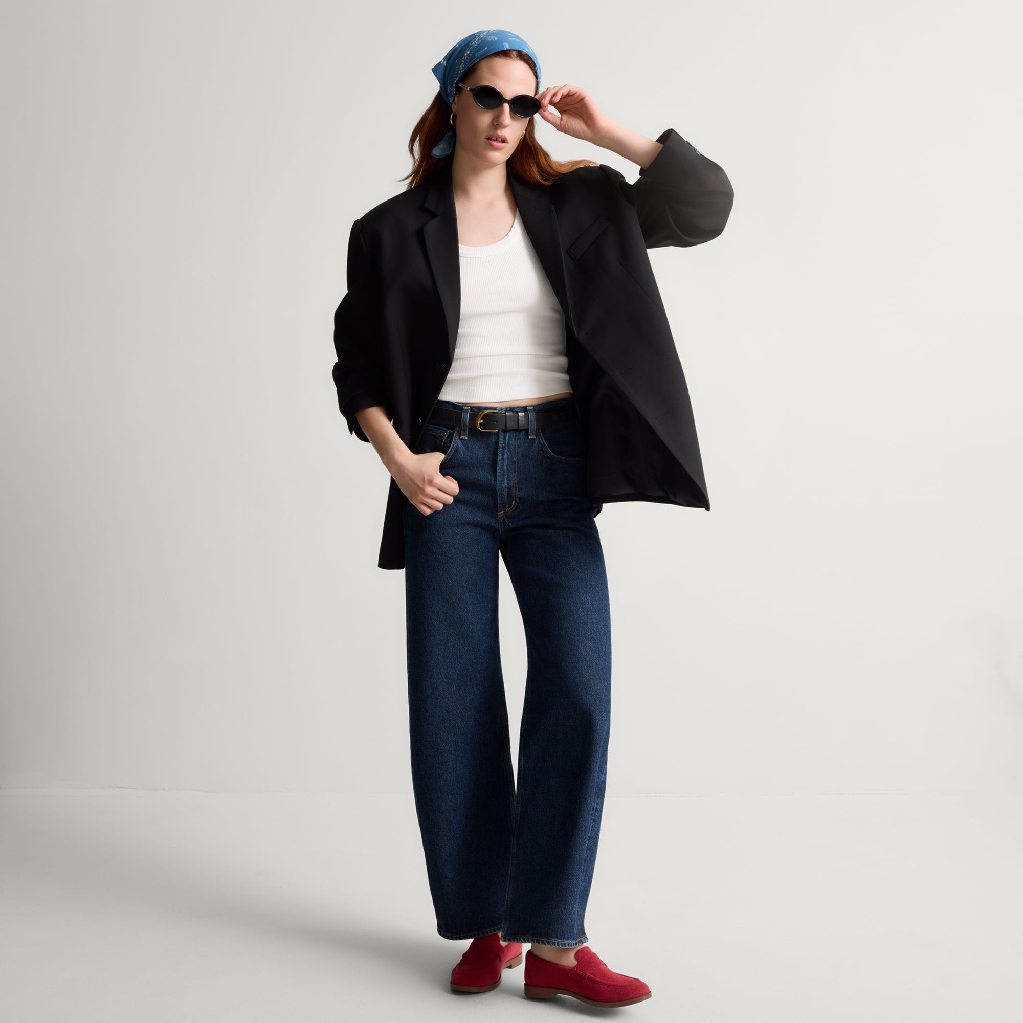 model | Alternate view of a model wearing The Penny Loafer in ReVelvet Ruby. 