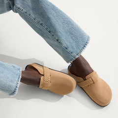 hover | Model wearing The Braid Clog in Butternut.