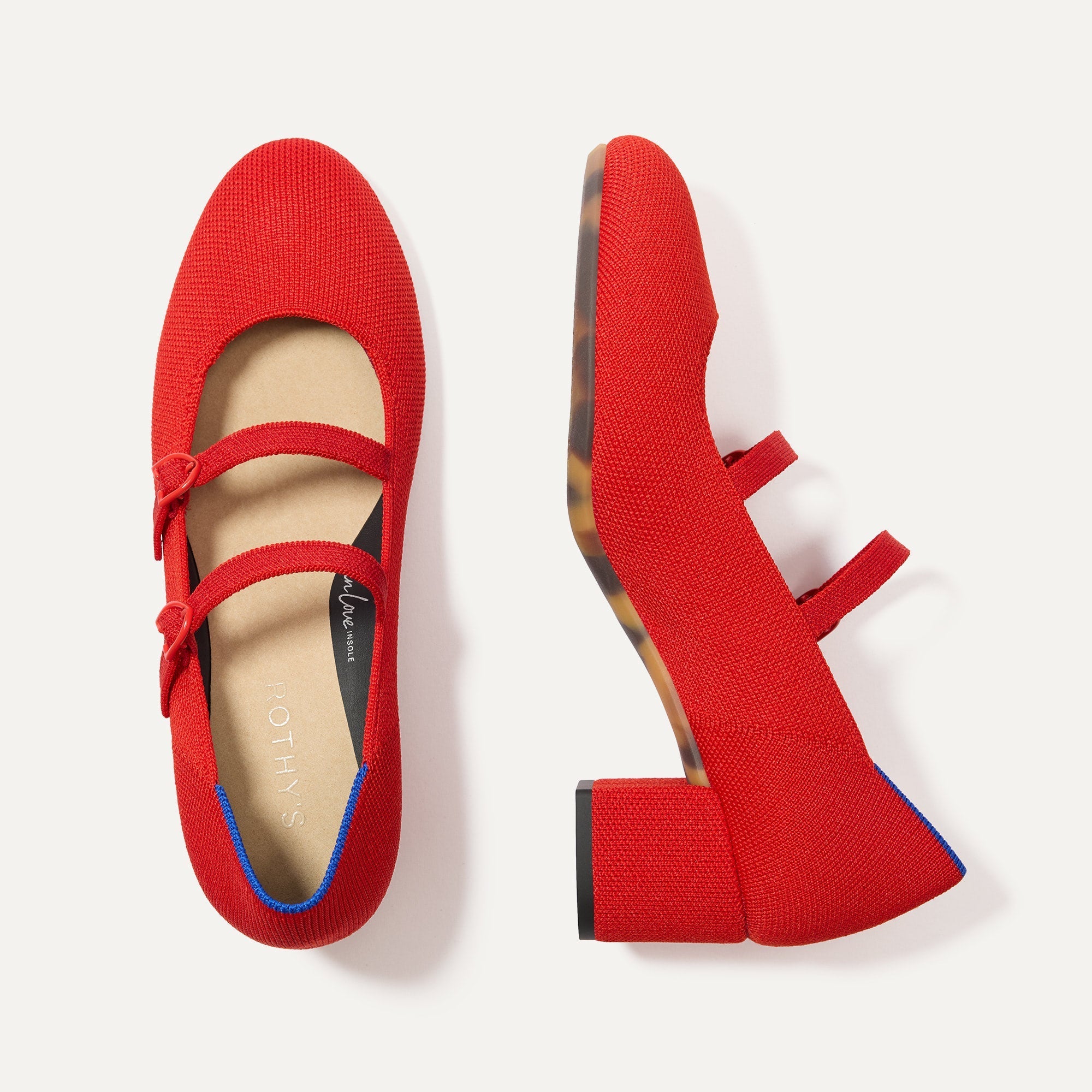 The Double Buckle Mary Jane Heel in Bright Red shown from the top.