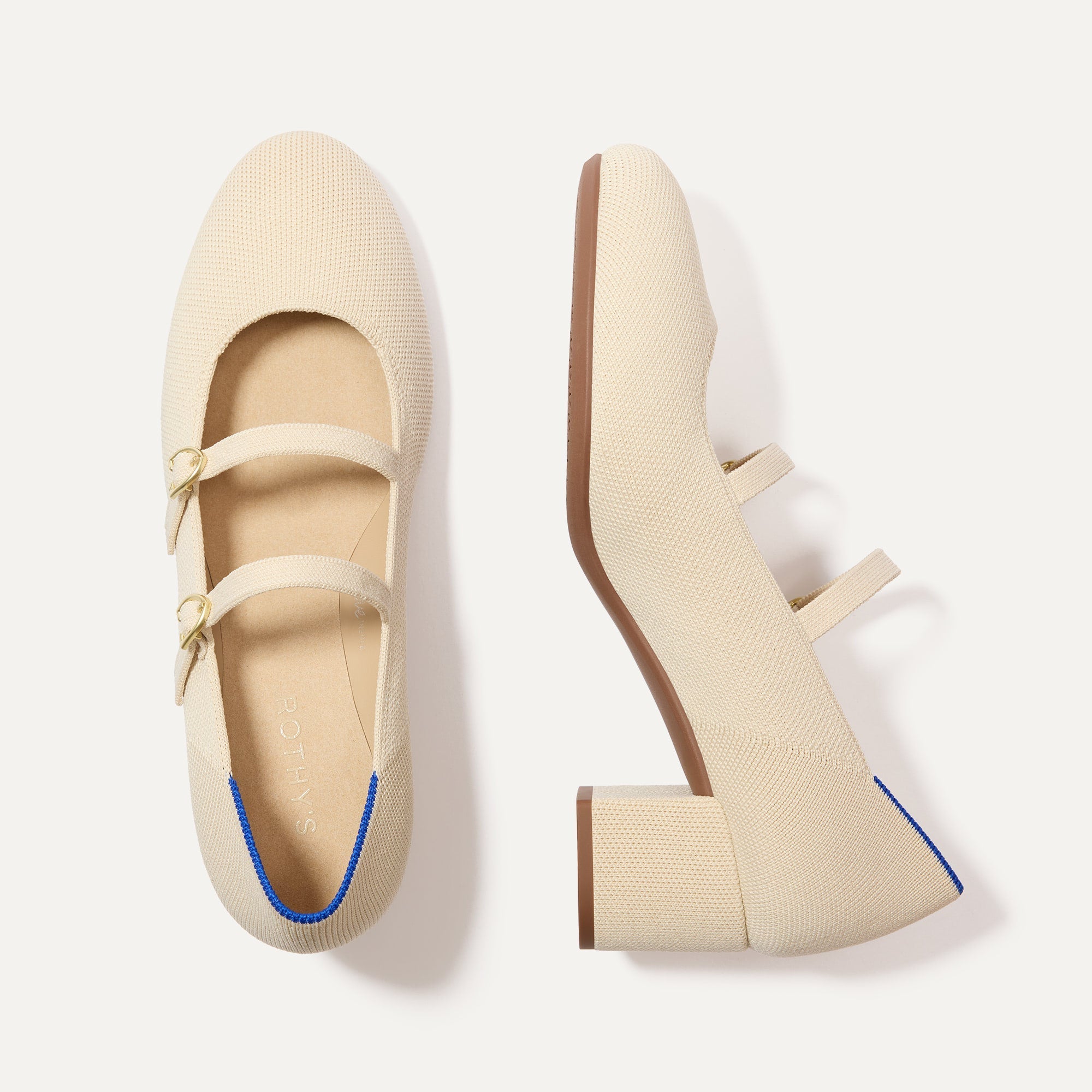 The Double Buckle Mary Jane Heel in Conch shown from the top.