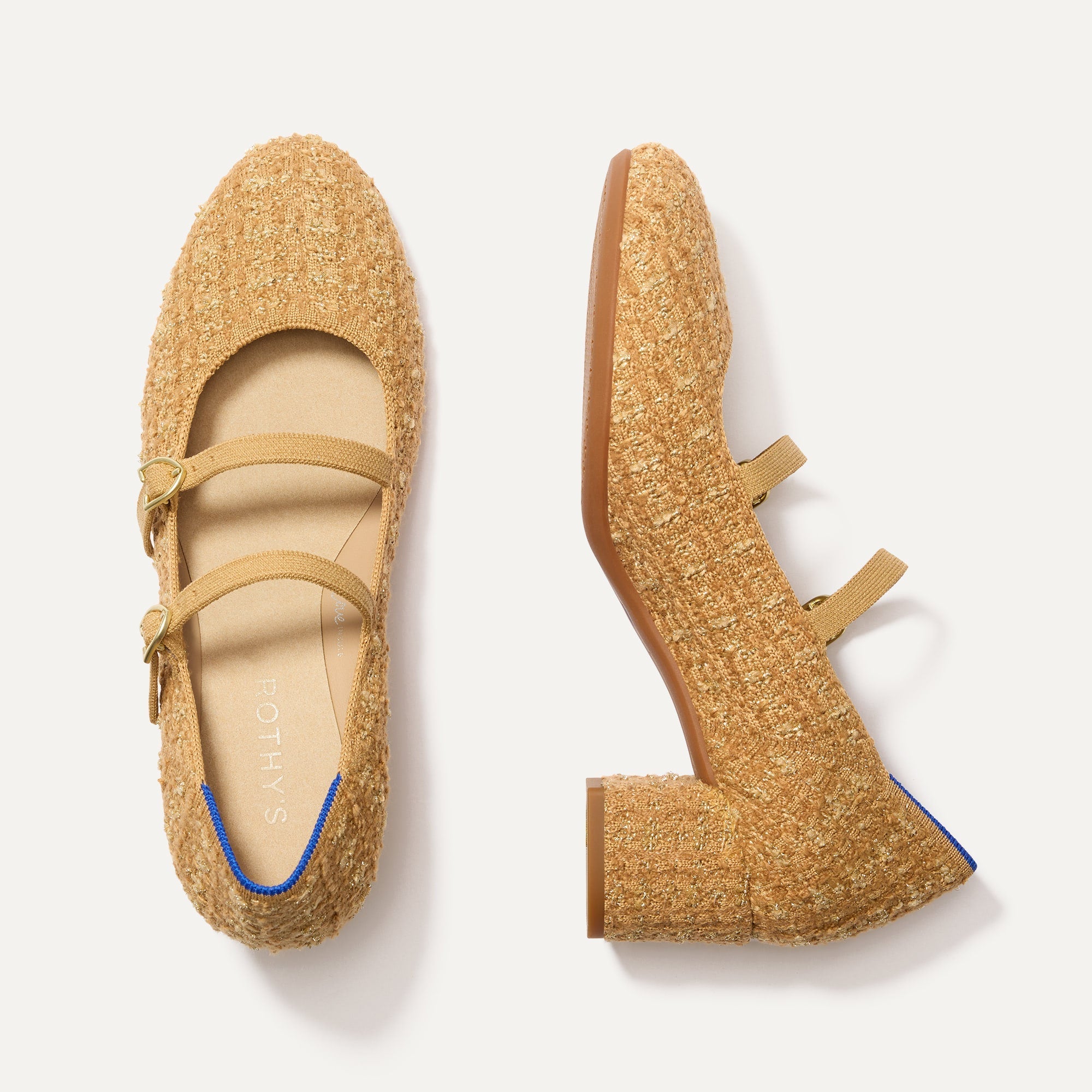The Double Buckle Mary Jane Heel in Golden Tweed shown from the top.
