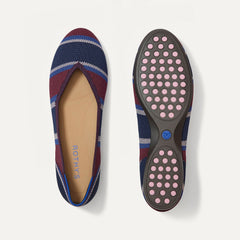 PLP |The Daily Flat in Fig Stripe shown from the top with one shoe showing the outsole. 