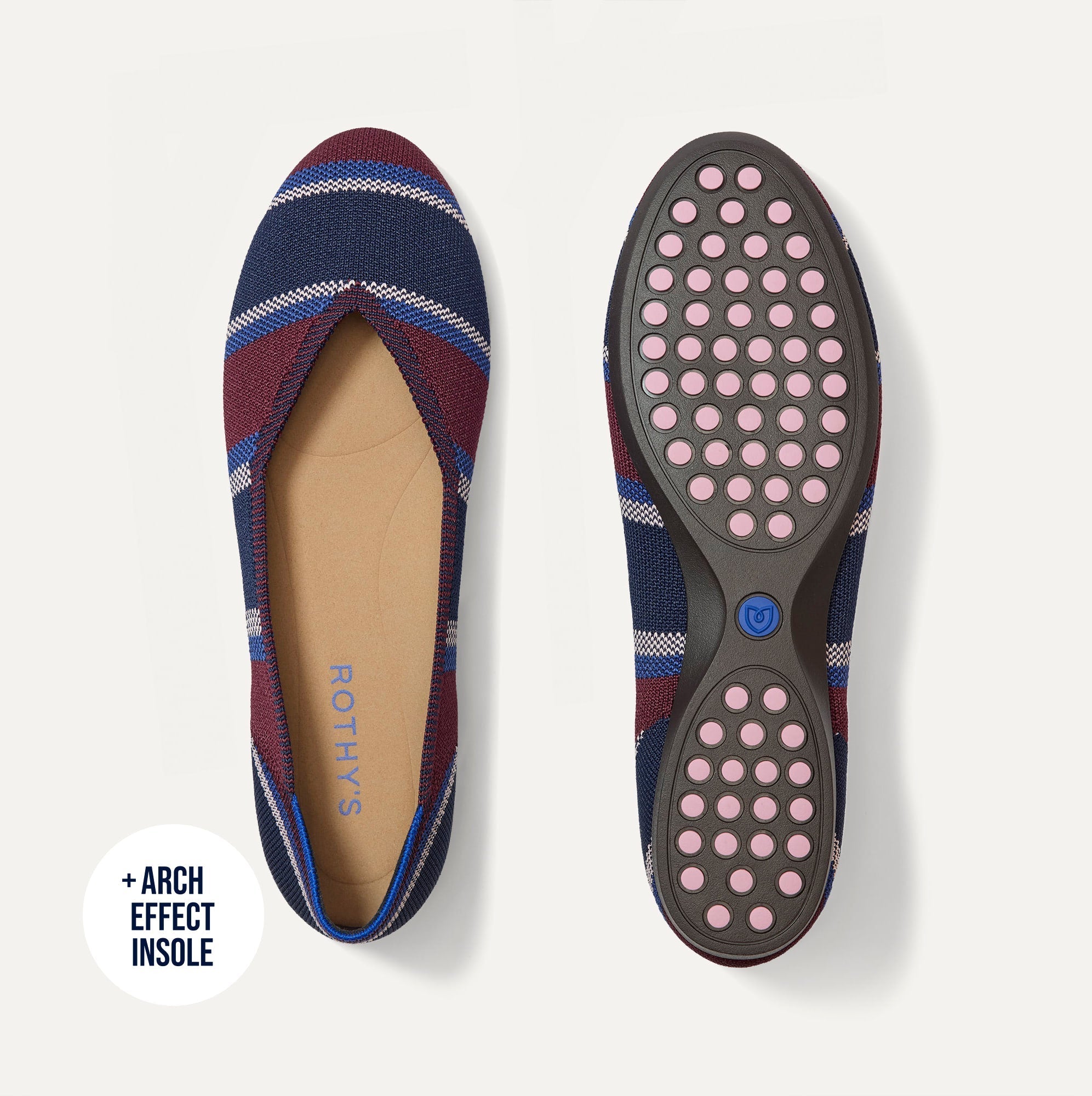 The Daily Flat in Fig Stripe shown from the top with one shoe showing the outsole. 