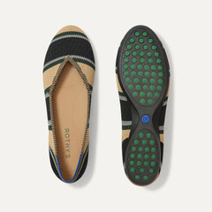 PLP |The Daily Flat in Hickory Stripe shown from the top with one shoe showing the outsole. 