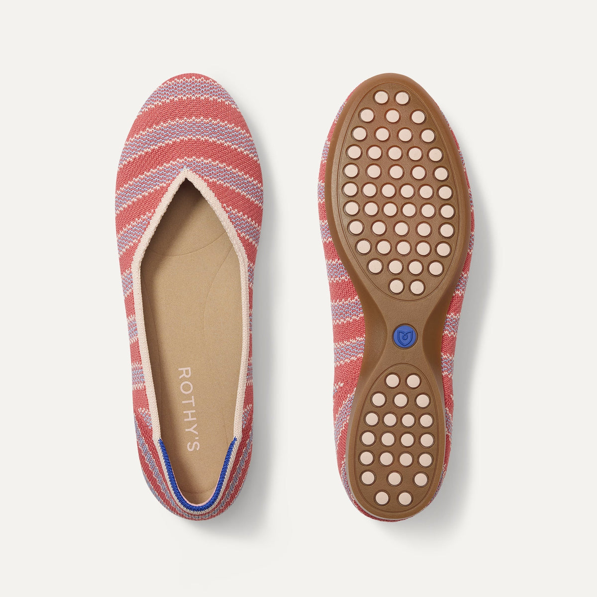 PLP |The Daily Flat in Sunkiss Stripe shown from the top with one shoe showing the outsole. 