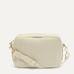 PDP |The Crossbody Camera Bag in  Cream Twist Open-Knit, shown from the front. 