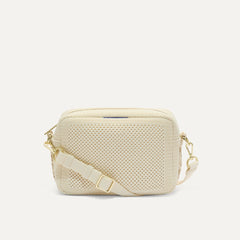 PLP |The Crossbody Camera Bag in  Cream Twist Open-Knit, shown from the front. 