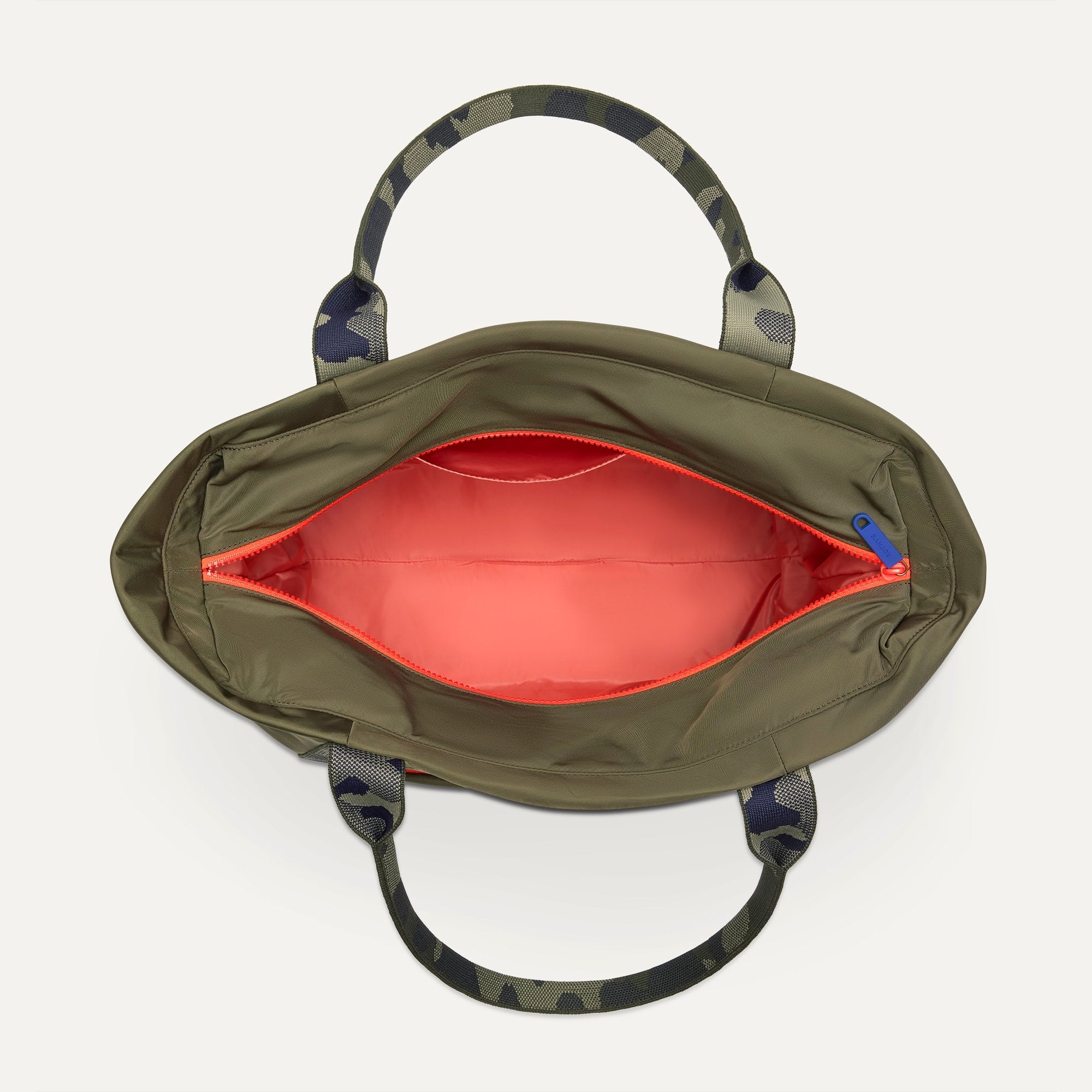 The Travel Tote in Forest, shown from above with the interior exposed.