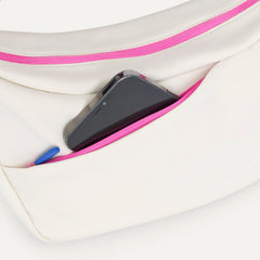 The Travel Sling in Optic  shown closed from the top showcasing the side pocket.