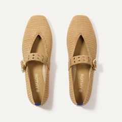 The Max Buckle Mary Jane in Tan Woven shown from the top.