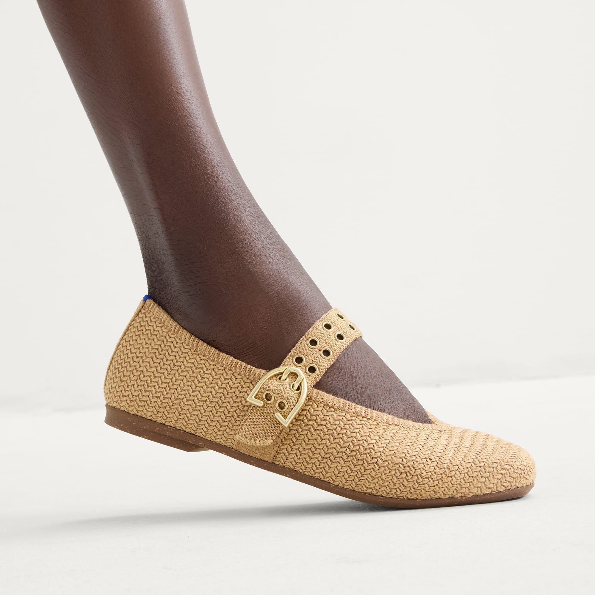 hover | Model wearing The Max Buckle Mary Jane in Tan Woven.