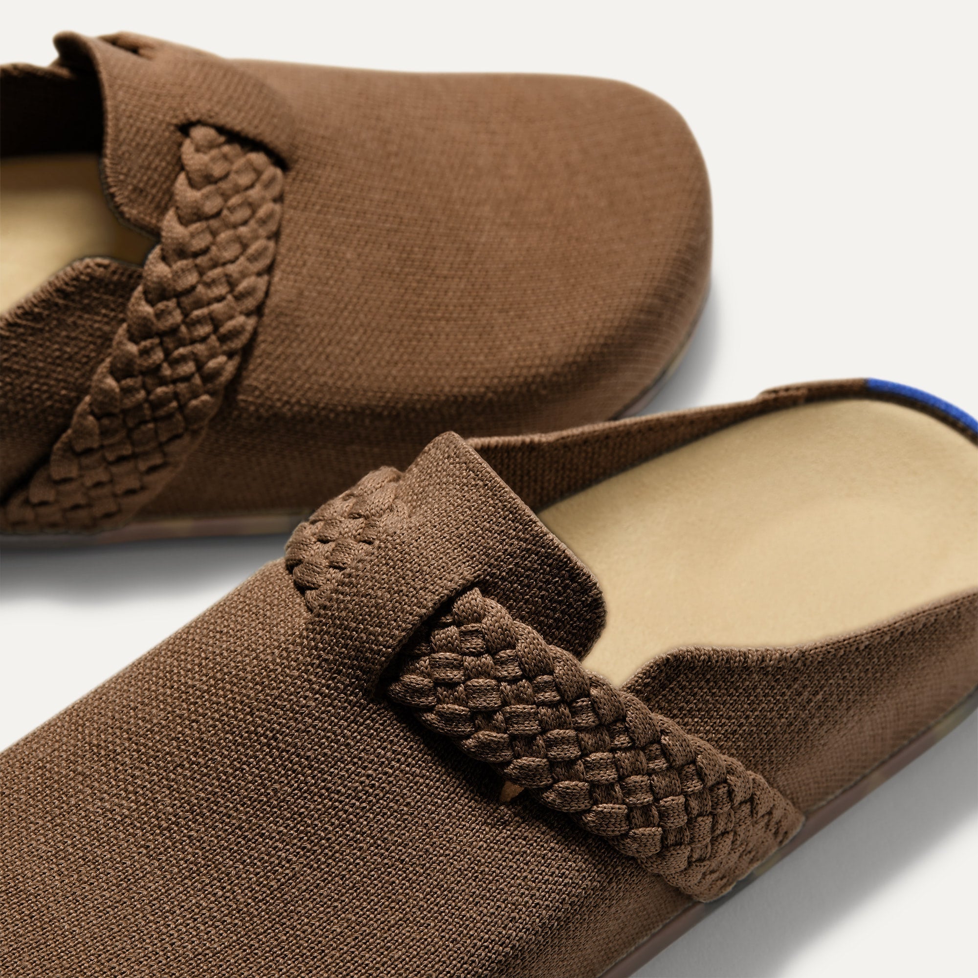 Close up of the braid detail across the top of The Braid Clog in Acorn. 
