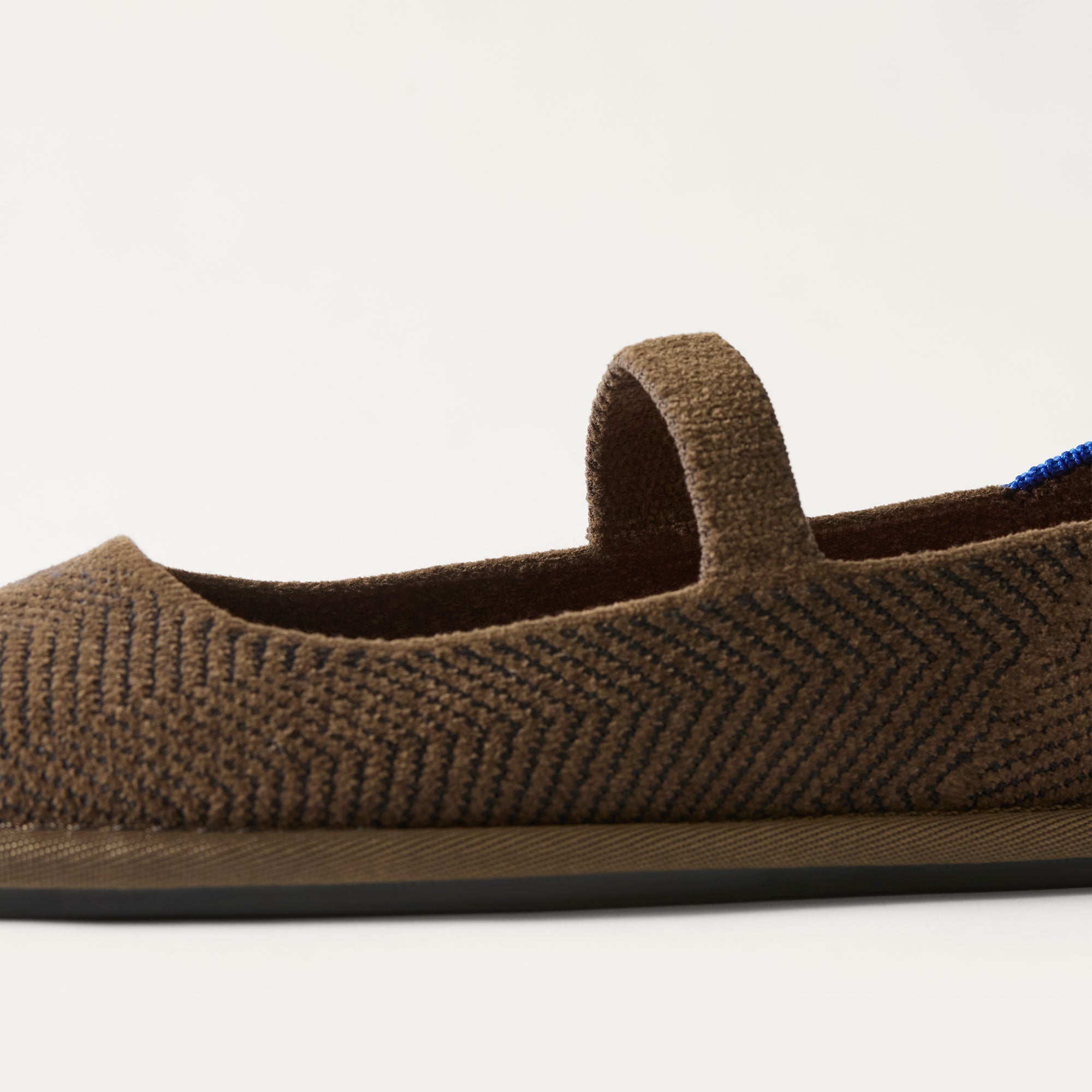 macro | The vamp and top strap of The Cruiser Mary Jane in ReVelvet Dark Herringbone. 