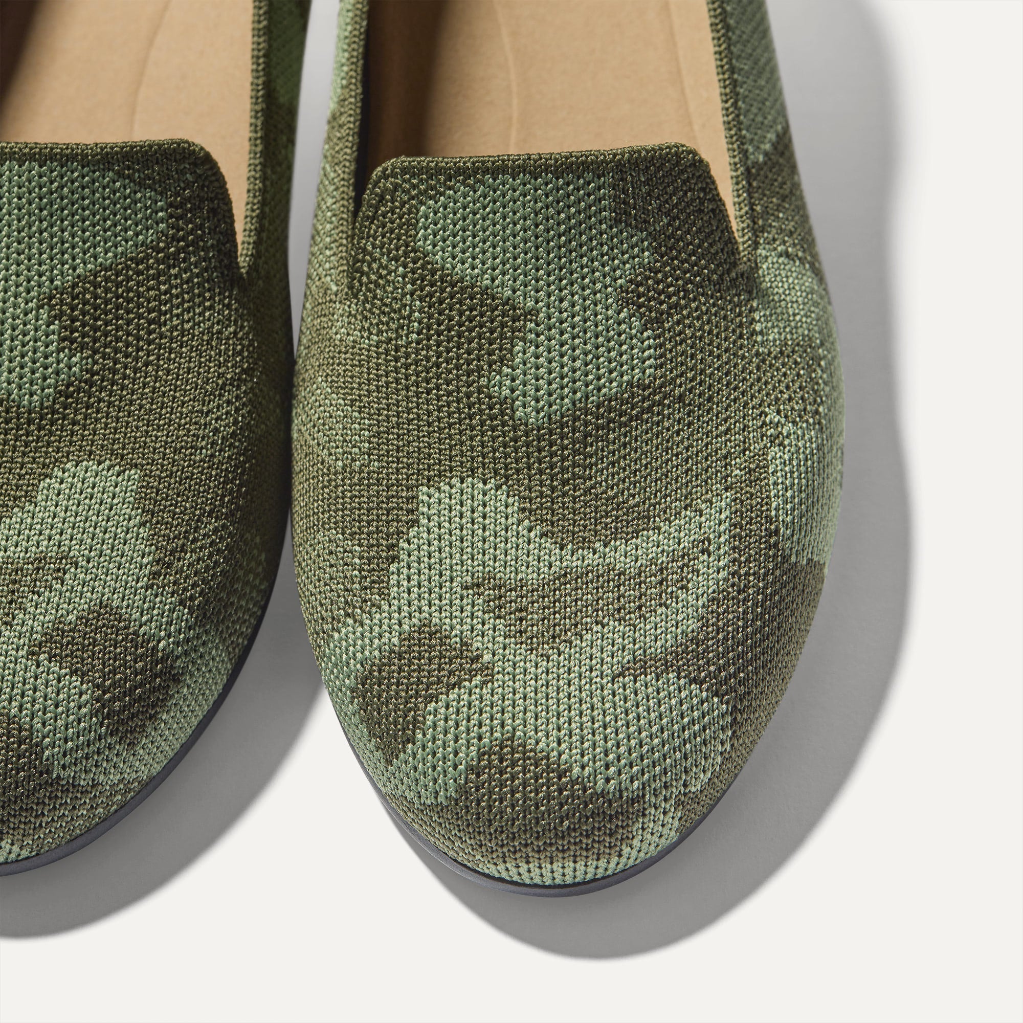 Close up of the toe and vamp of The Daily Loafer in Green Camo. 