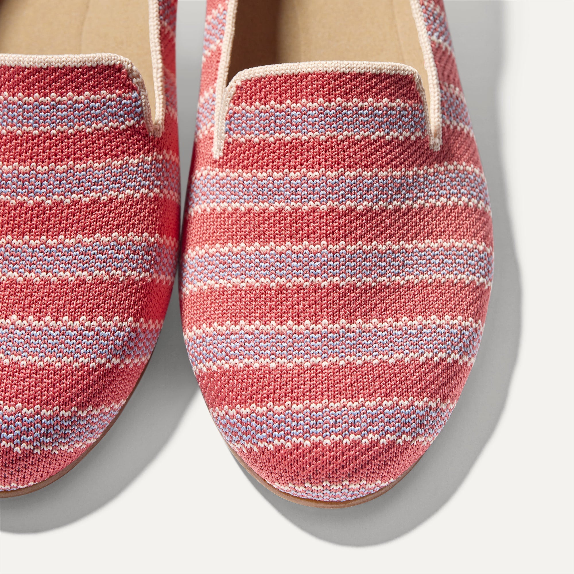 Close up of the toe and vamp of The Daily Loafer in Sunkiss Stripe. 