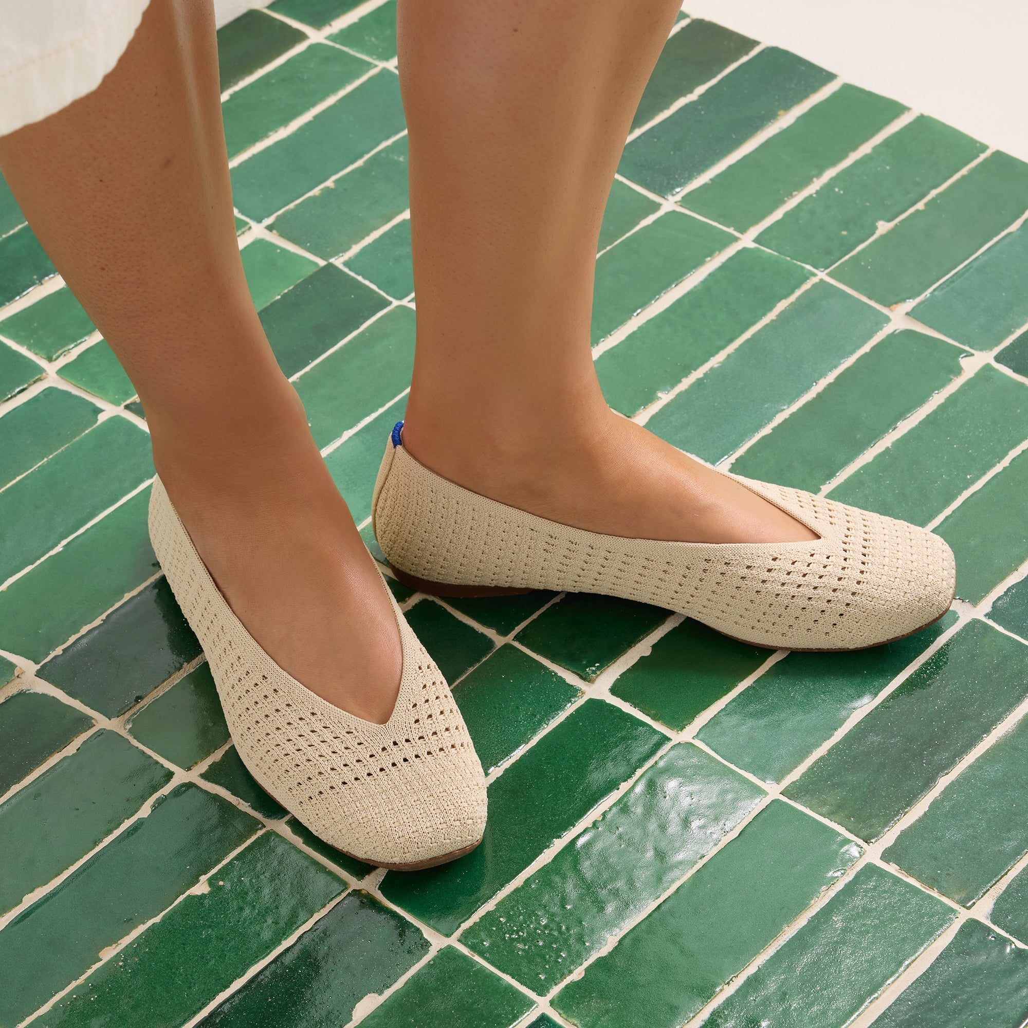 hover | Model wearing The Max Square Ballerina in Off White Mesh.