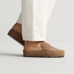 hover | Model wearing The Penny Clog in ReVelvet™ Portobello.