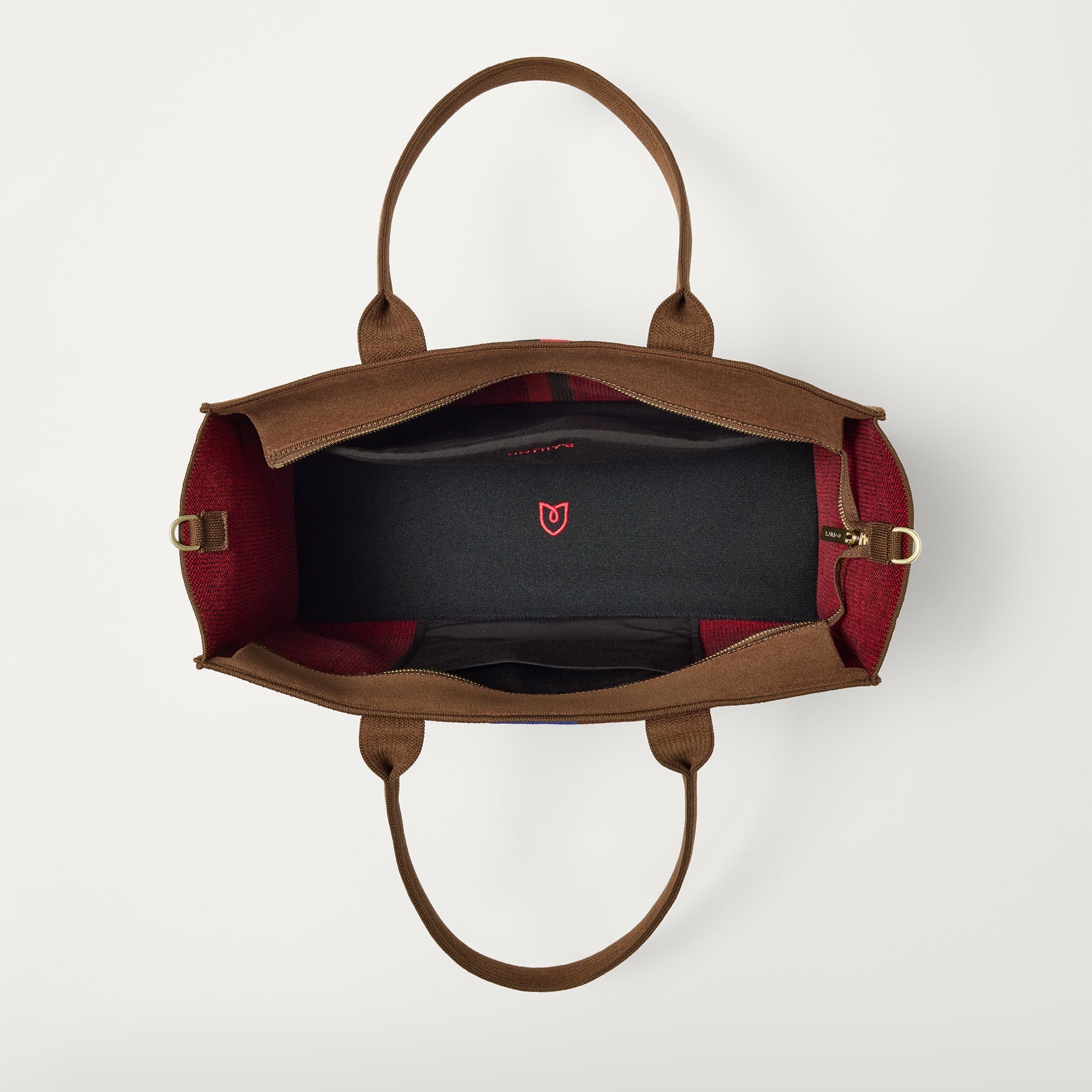 The Classic Tote in ReVelvet Cinnamon Stripe, shown from above, with the interior exposed.