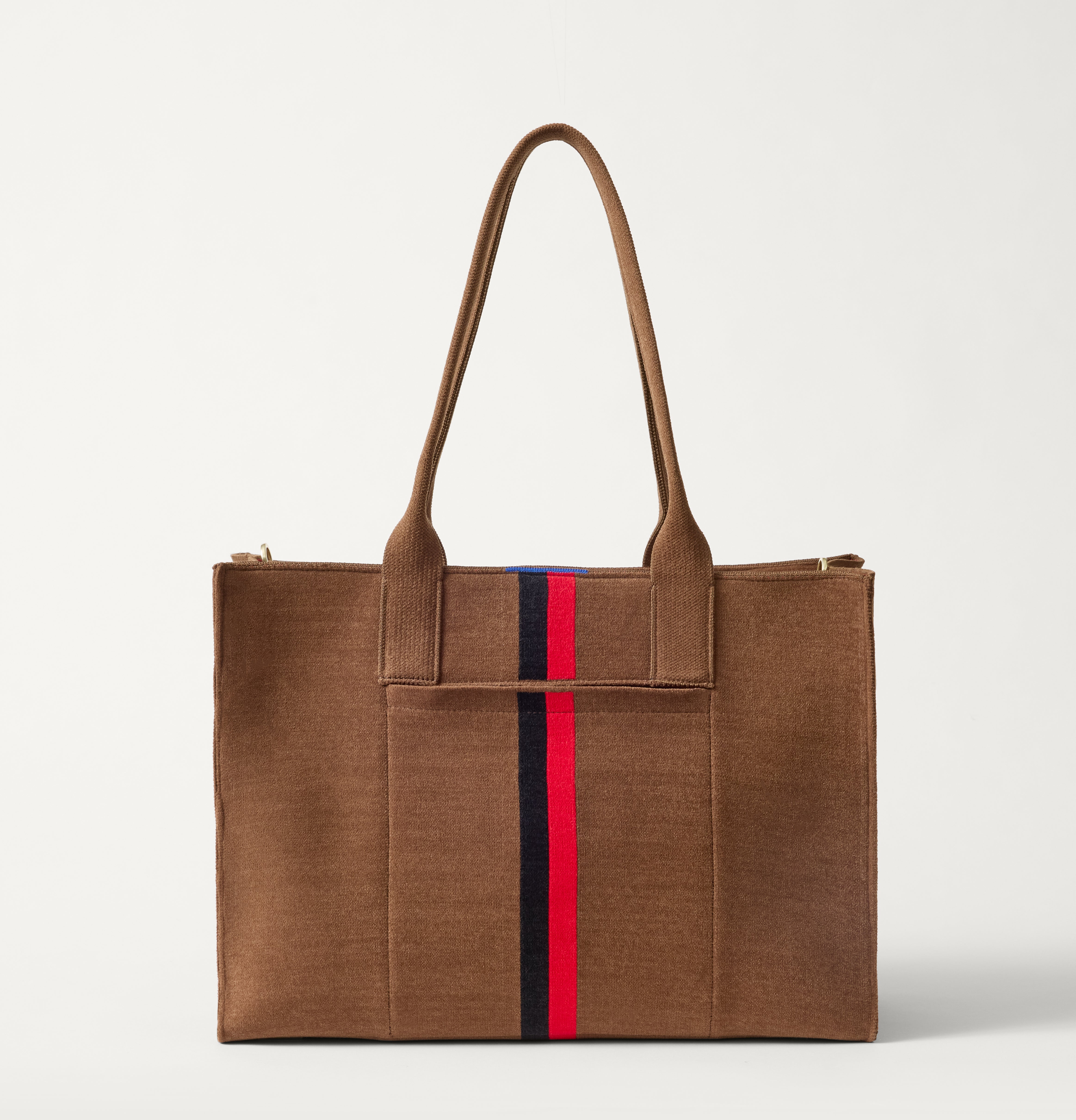 EXT | The Classic Tote in ReVelvet Cinnamon Stripe, shown from the front.